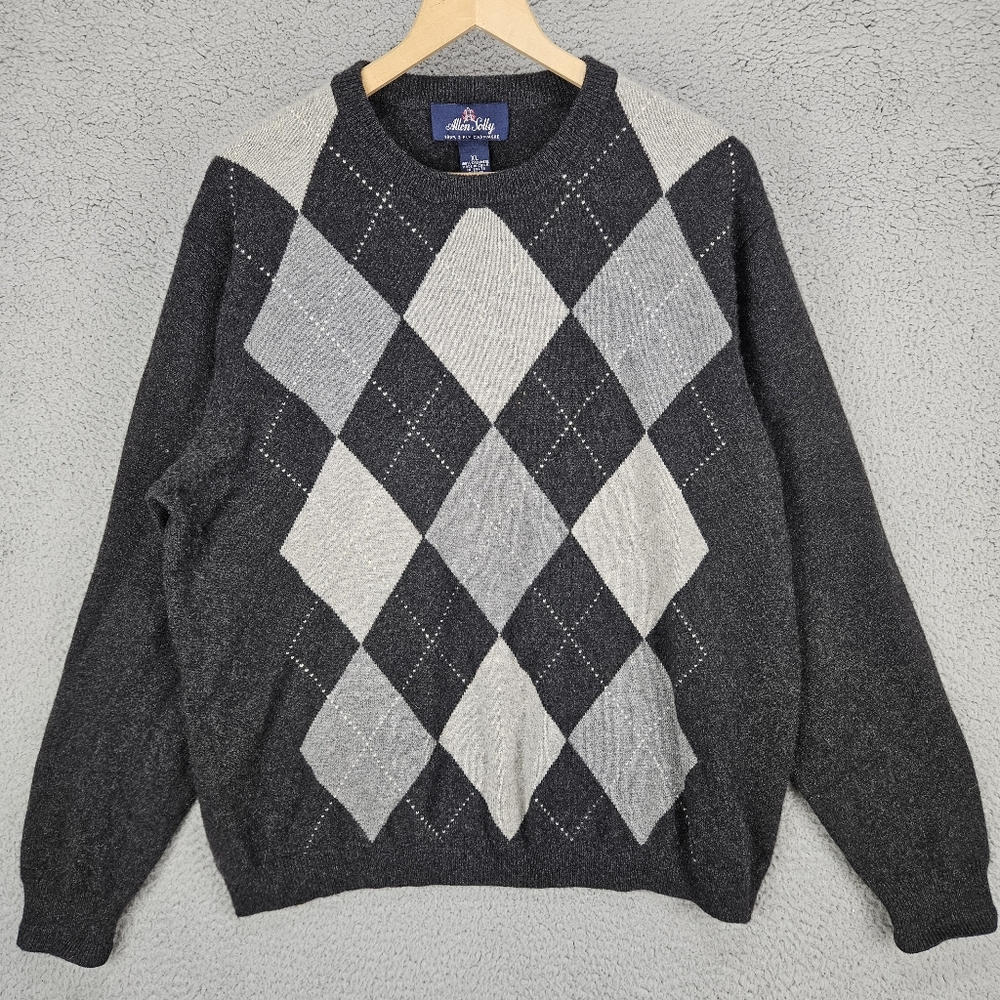 Allen Solly Sweater Mens XL Gray Argyle Pullover 100% Cashmere 2 Ply